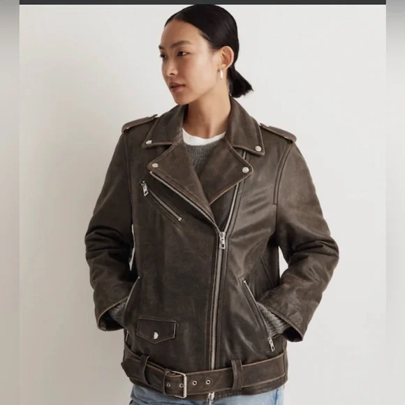 Madewell Distressed Leather Oversized Motorcycle Jacket - Picture 2 of 6